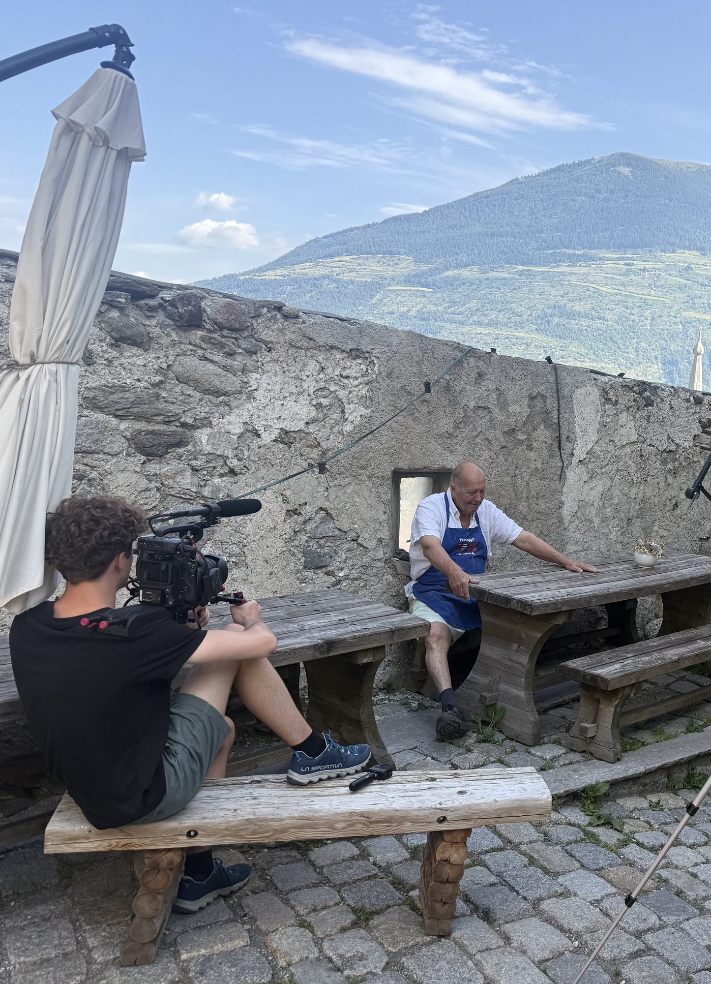 Interview setup in the courtyard